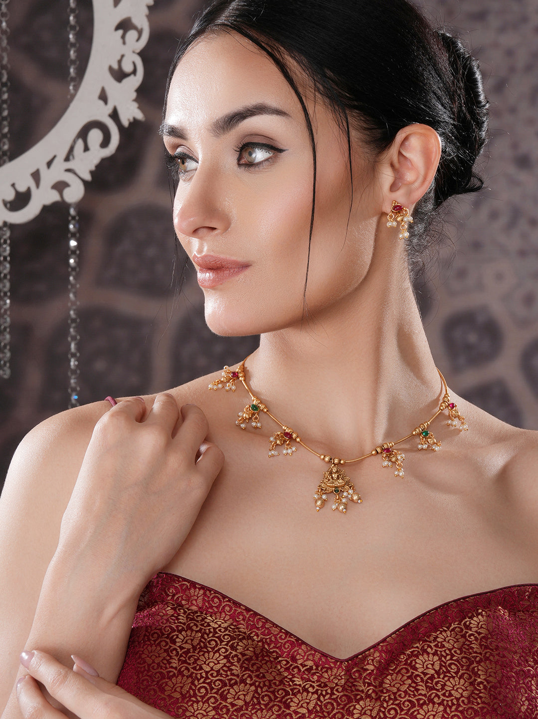 Gold Plated Ball Chain Kempo Studded Lakshmiji Pendant Minimal Jewellery Set